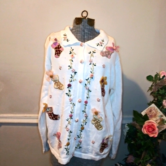 Vintage Sweaters - Vintage Pearl/Ribbon Trimmed Cottagecore Style "Ugly" Christmas Stocking Sweater